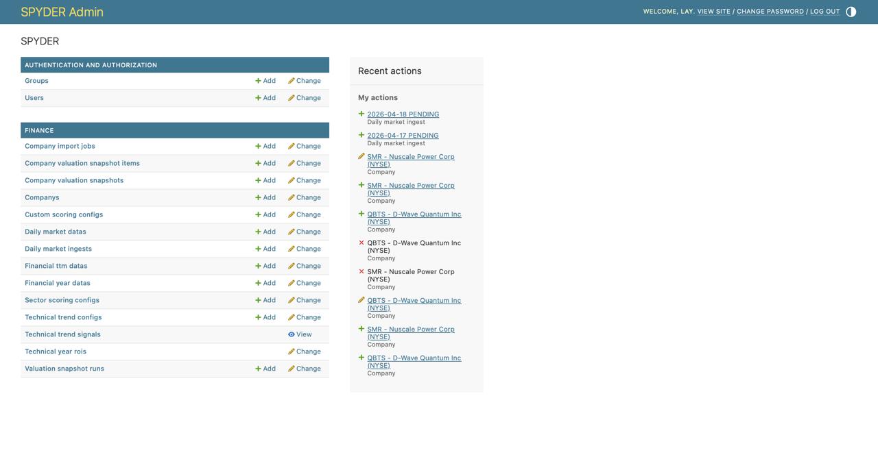 Spyder admin screen